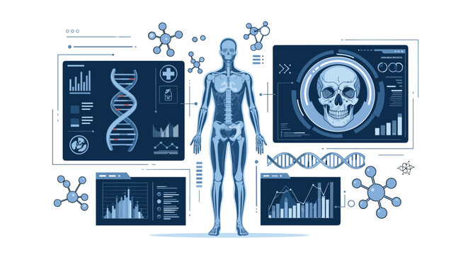 High tech medical interface displaying human anatomy scans DNA structures skeletal data and various health charts in blue.
