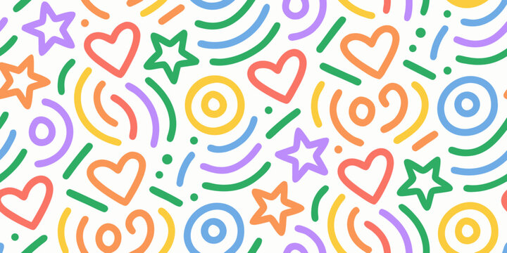 Colorful doodle pattern with hearts stars squiggles and swirls on a white background high quality