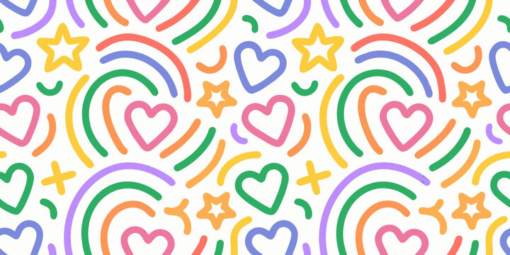 Colorful doodle pattern with hearts stars rainbows and squiggles on a white background high quality