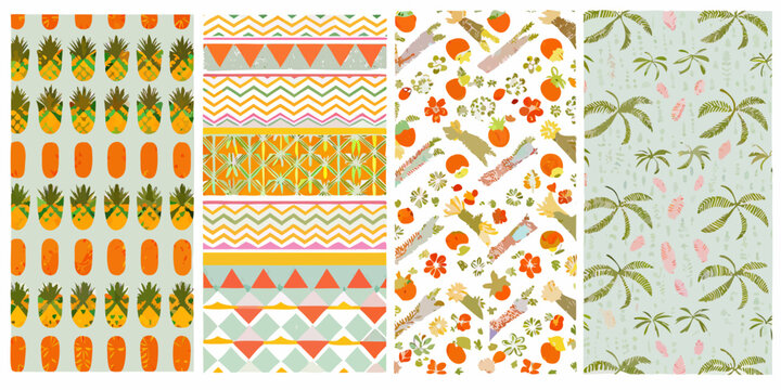 Tropical fruit and palm leaf pattern with pastel colors seamless repeating design on white background