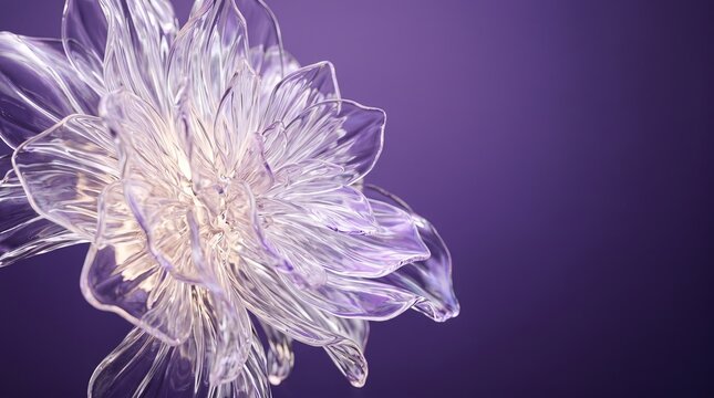 3d glass biomorphic flower purple background crystalline petal sculpture render. Abstract organic floral structure with translucent light refraction and bloom effect in violet lavender colors.
