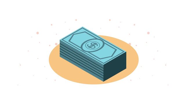 Isometric dollar bills stack animation showing financial growth and monetary wealth concept in clean blue and orange palette.