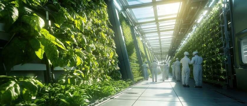 Workers inspecting lush green vertical farms sustainable agriculture technology
