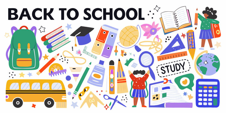 Colorful back to school illustration with school supplies books and a cheerful school bus