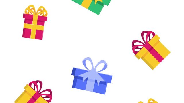 Dynamic motion of colorful gift boxes with ribbons floating and rotating against white background celebration and festivity concept.