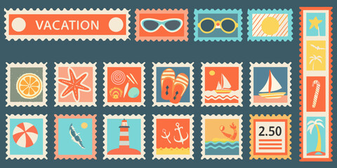 Colorful travel themed postage stamps collection flat vector illustration on teal background high quality professional © Lalin
