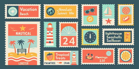 Collection of vibrant travel themed postage stamps with summer and nautical illustrations flat vector style © Lalin