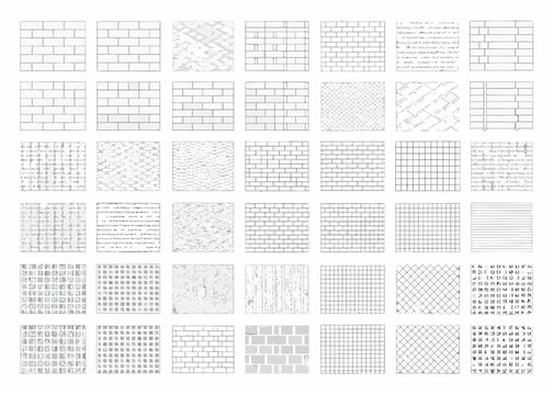 Collection of thirty six brick and geometric patterns arranged in a grid on a white background