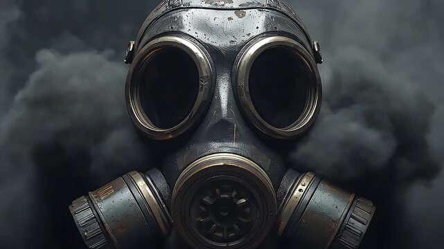 A weathered, dark-gray gas mask with circular eye lenses and a central filter sits amidst ominous, swirling clouds, conveying danger, pollution, or disaster