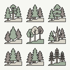 Fototapeta premium Set of stylized evergreen forest icons with flat design and pastel colors