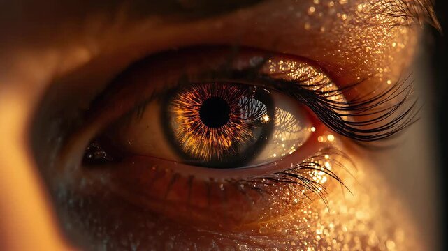 Close-up of a human eye with shimmering golden-like reflections in the iris, surrounded by wet, glistening eyelashes and textured skin