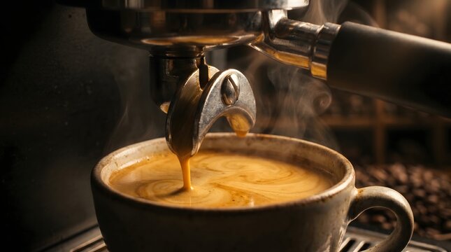 shot of espresso coffee flowing from a professional coffee machine into a ceramic cup