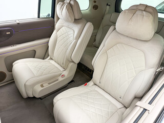 Fototapeta premium Shanghai, China - November 27, 2025: IM LS9 Luxury Electric SUV Rear White Leather Seats Interior Close Up