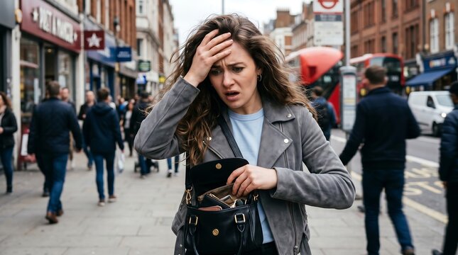 Stressed woman searching for missing items in her bag on city street