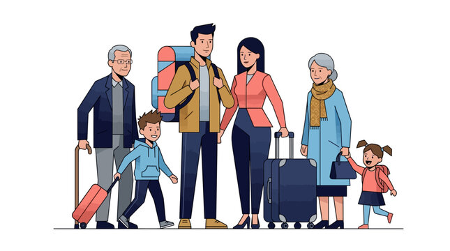 Multi-generational Family Traveling with Suitcases and Backpacks Vector Illustration; Grandparents, Parents and Children on Vacation Trip Isolated on White Background