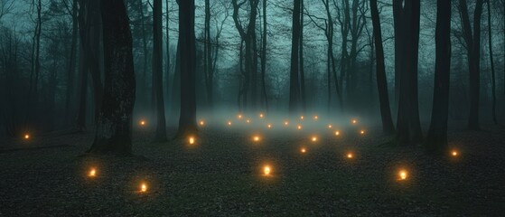 Naklejka premium Mysterious forest night candles fog and dark trees