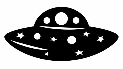 Black silhouette of a flying saucer with stars and moon against a white background symbolizing space and mystery © Ubaid