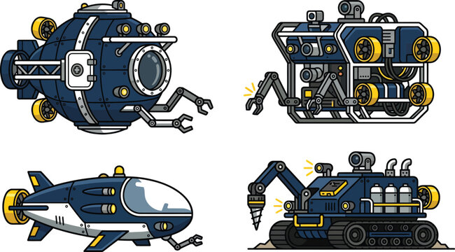 Collection of deep sea exploration vehicles submersible and ROV icons flat vector illustrations for marine technology and underwater res