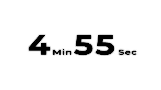 5 minute countdown timer animation from 5 to 4 minute, digital countdown timer transparent background.
