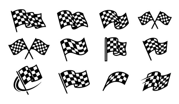 Dynamic checkered finish racing flag vector pack with waving motorsport icons isolated on white background