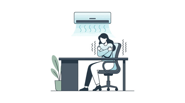 Businesswoman Feeling Cold and Shivering in Office Under Air Conditioning. Flat Vector Illustration of Workplace Temperature Discomfort and HVAC Issues.