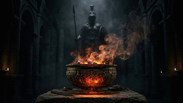 Cinematic Ancient Roman Warrior Standing by Burning Altar with Fire and Smoke