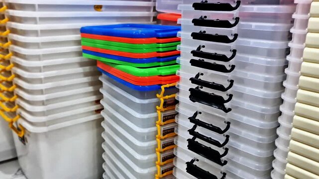 Sidoarjo, Indonesia - 4 May, 2026: Colorful Stacked Plastic Storage Containers for Household Organization