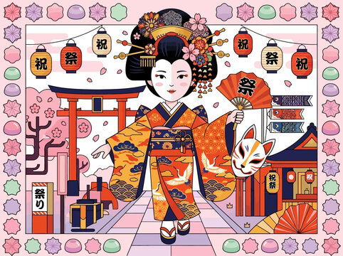 Japanese Festival Matsuri Illustration with Woman in Traditional Kimono, Kitsune Mask, Sakura Cherry Blossoms, and Torii Gate