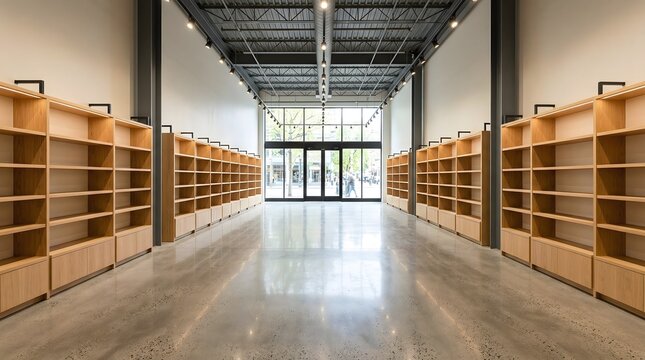 Bright Empty Retail Space with Shelving and Polished Concrete Floors.