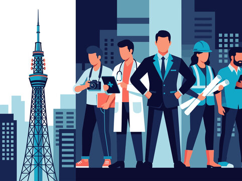 Diverse Group of Professionals Representing Different Industries and Careers in Modern City Skyline Background Vector Illustration