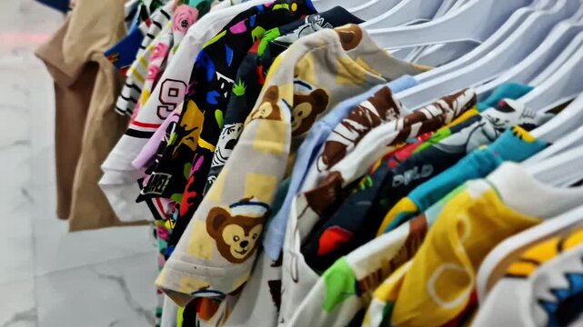 Sidoarjo, Indonesia - 4 May, 2026: Close Up of Colorful Childrens Clothes Hanging on Rack in Retail Store