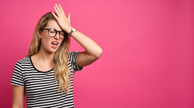 Frustrated woman doing facepalm gesture on bright pink background