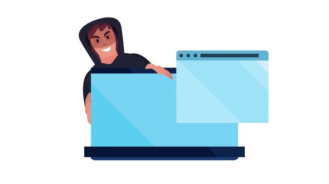 A male hacker in a black hoodie appears from behind a laptop, displaying a malicious smile and pointing towards an open browser window, representing a cyberattack or data breach motion graphic.