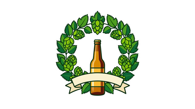 Craft Beer Logo Template with Beer Bottle, Green Hops Wreath, and Blank Ribbon Banner for Custom Text - Isolated Flat Vector Illustration for Brewery and Pub Branding