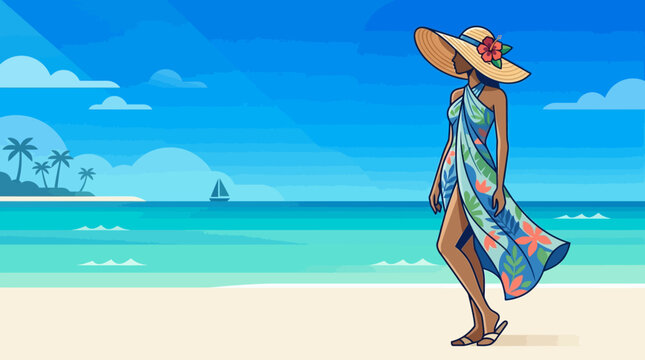Beautiful Woman in Floral Sarong and Straw Sun Hat Walking on Tropical Beach Shore with Palm Trees and Turquoise Water, Summer Vacation Travel Vector Illustration