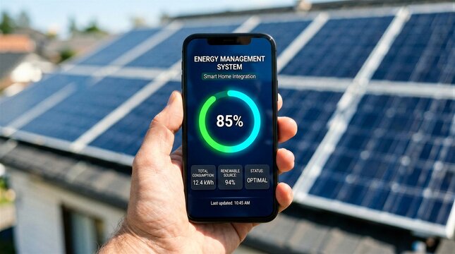 Hand holding smartphone with energy management system app in front of solar panels, smart home technology concept