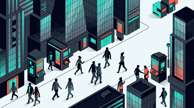 Isometric Vector Illustration of a Modern Smart City Street with People Walking, Skyscrapers, and Futuristic Urban Architecture in Teal and Black