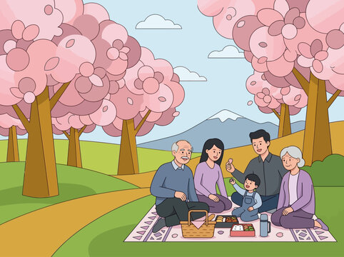Multigenerational Family Having a Hanami Picnic Under Sakura Cherry Blossom Trees with Mount Fuji View Illustration