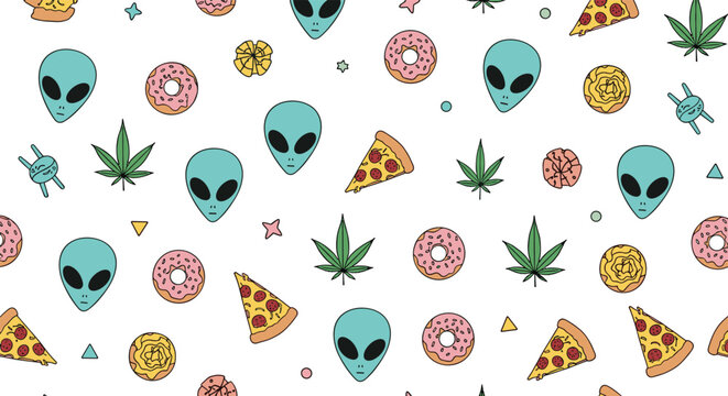 Seamless pattern featuring a quirky combination of alien heads, pizza slices, donuts, marijuana leaves, and cosmic elements on a white background.