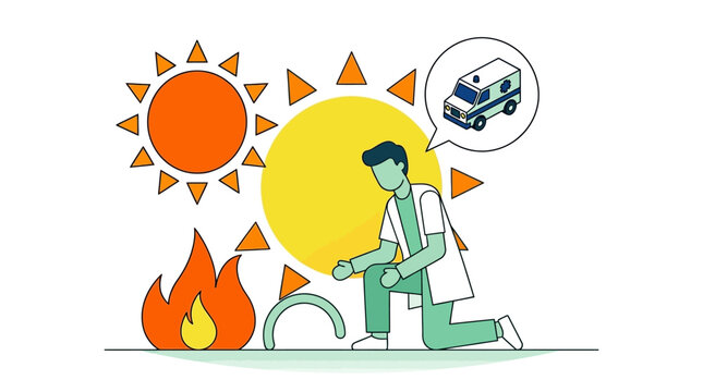 Medical Emergency Concept of Heatstroke and Extreme Heatwave with Doctor and Ambulance Illustration