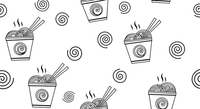Black and white line art pattern featuring steaming Chinese takeout noodle boxes and decorative swirls on a clean white background.
