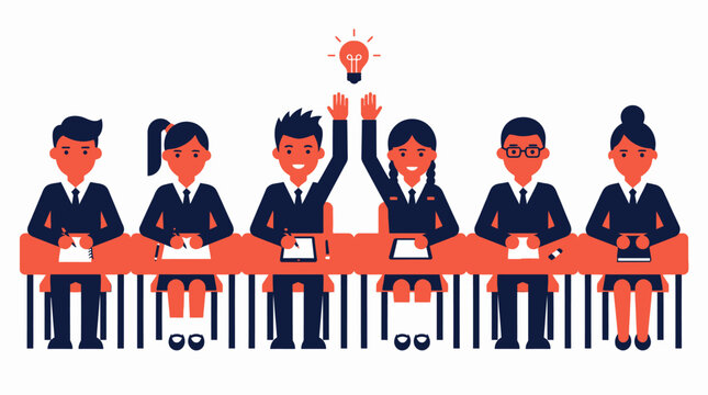 Diverse School Students in Classroom with Lightbulb Idea, Hands Raised for Innovation and Creative Learning Vector Illustration
