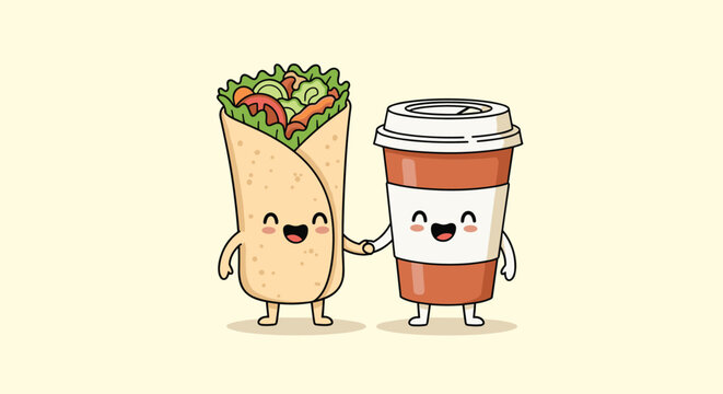 Cute burrito and coffee cup characters hold hands to represent a perfect breakfast pair or food friendship in a charming cartoon style.