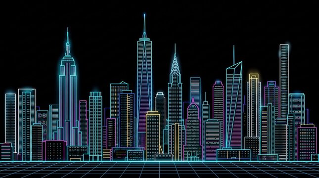 Neon New York City Skyline Vector Illustration. Futuristic NYC Night Cityscape Art
