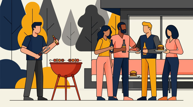 Flat Vector Illustration of Friends Enjoying a Backyard BBQ Party with Grill and Drinks