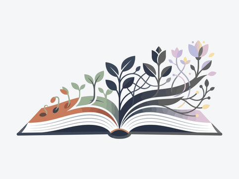 Open Book with Growing Plants and Flowers Symbolizing Knowledge, Education, and Personal Growth