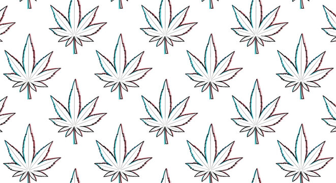 Glitch effect seamless pattern with marijuana leaves on a white background creates a trippy and modern aesthetic for textile designs.