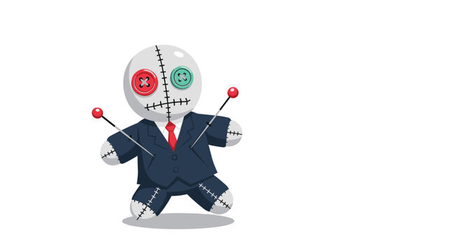 Stitched voodoo doll character wearing a formal business suit with several needles stuck in it on a clean white background.
