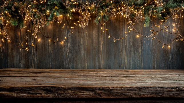 Wooden table with rustic wood background and twinkling fairy lights above, wood texture