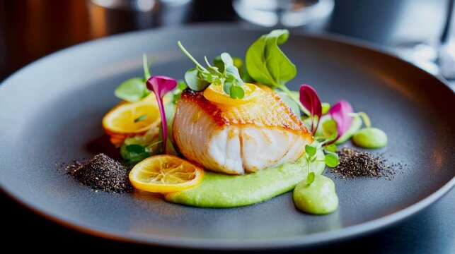 A modern, avant-garde culinary creation. A perfectly cooked portion of fish steak (like monkfish) is placed off-center on a large gray plate